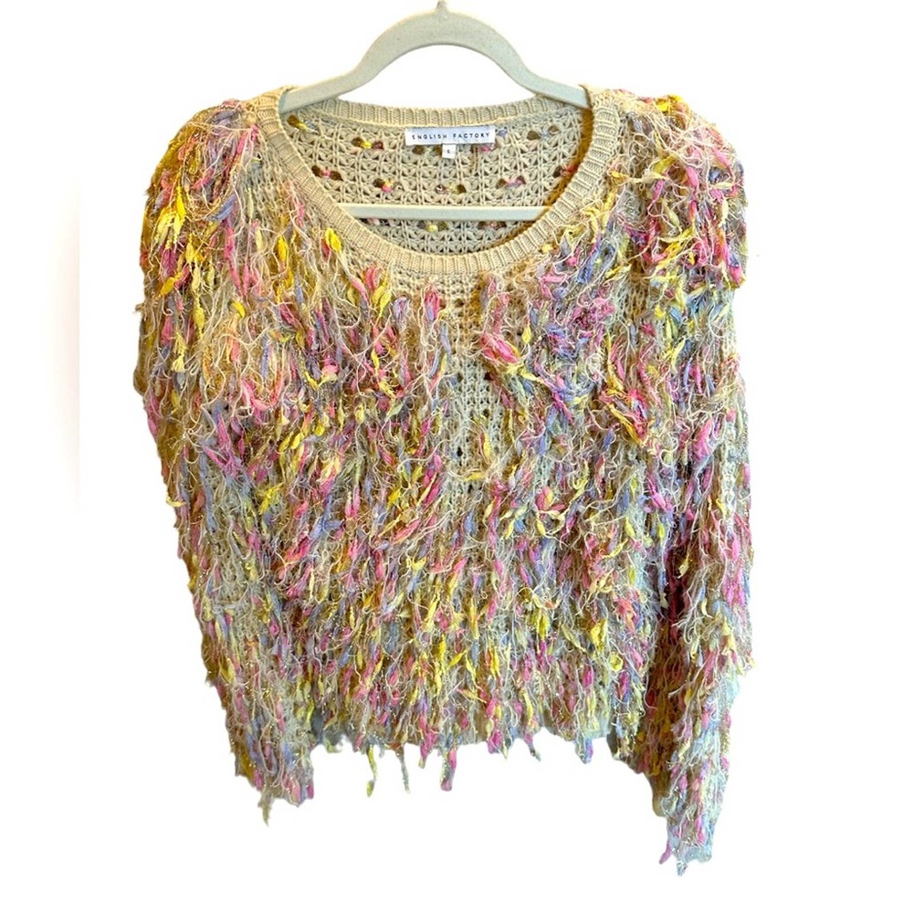 English Factory Free the Roses Women’s Yarn Shaggy Tassel Fringe Sweater Small